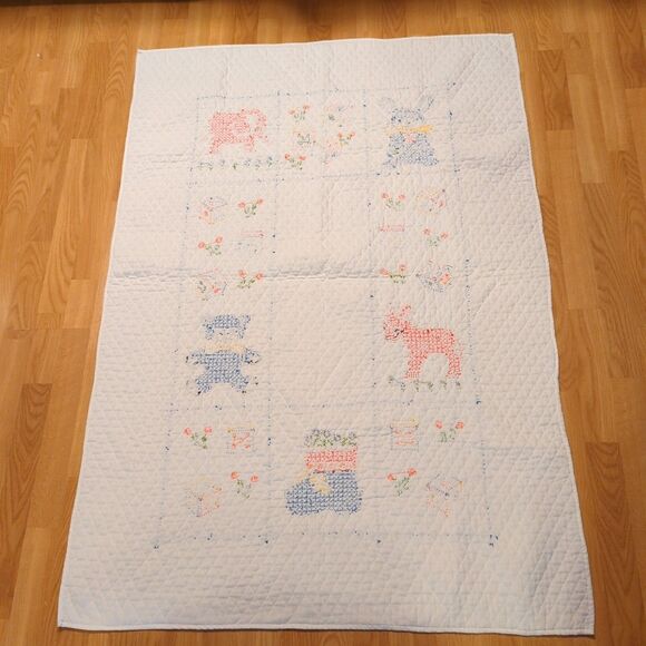 Vintage Cross Stitch Baby Quilt Blanket Blocks Bunny Elephant Bear Flowers - Picture 2 of 11